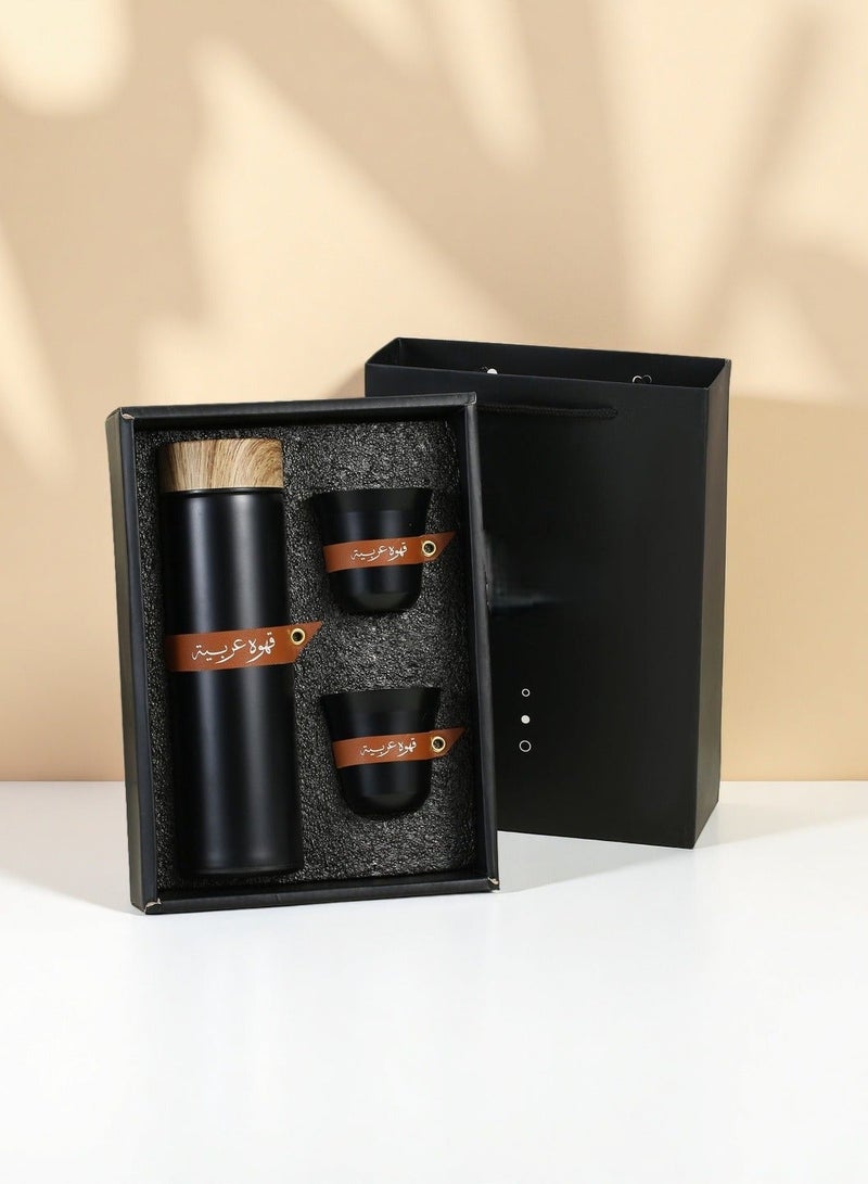 3pcs رمضان القهوة هدية مجموعة - 400ml معزول الفولاذ المقاوم للصدأ زجاجة ماء + 2pcs 80ml الجلود الأكمام الكؤوس، تسرب واقية بهلوان مع غطاء الحبوب الخشبية، مثالية للحج / الزفاف / التجمعات العائلية - Image 2